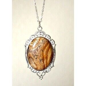 Picture Jasper Pendant Necklace  Beige Brown Oval Stone Cabochon OOAK BOHO Gift